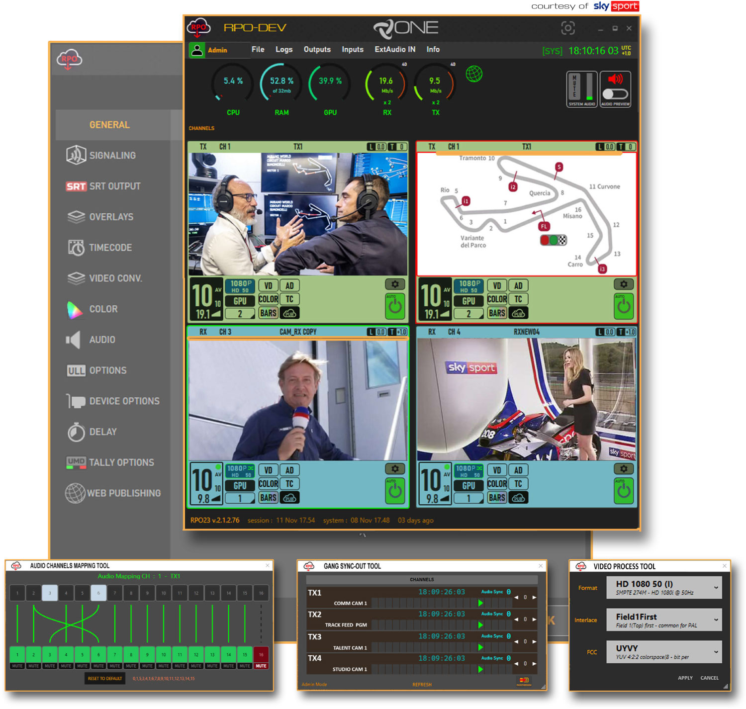 Software di controllo RPO con multiviewer RX/TX, instradamento dei canali audio, configurazione tally e controlli di elaborazione video. Immagini per gentile concessione di Sky Sport.